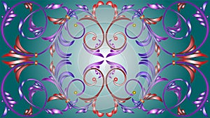Stained glass illustration with abstract  swirls,flowers and leaves  on a blue background,horizontal orientation