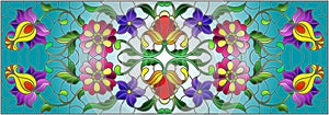 Stained glass illustration with  abstract  swirls,flowers and leaves  on a blue background,horizontal orientation