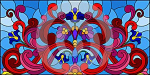 Stained glass illustration with  abstract  swirls,flowers and leaves  on a blue background,horizontal orientation