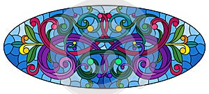 Stained glass illustration with  abstract  swirls,flowers and leaves  on a blue background,horizontal orientation, oval image
