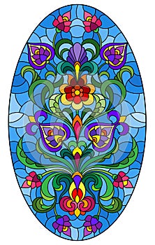 Stained glass illustration with  abstract  swirls,flowers and leaves  on a blue background,vertical orientation, oval image