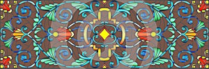 Stained glass illustration with abstract swirls,flowers and leaves on a brown background,horizontal orientation