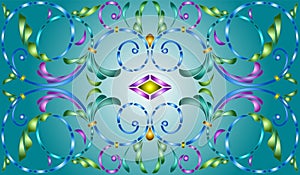 Stained glass illustration with abstract  swirls,flowers and leaves  on a cyan  background,horizontal orientation