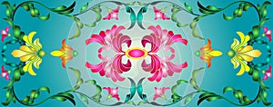 Stained glass illustration with abstract  swirls,flowers and leaves  on a cyan e background,horizontal orientation