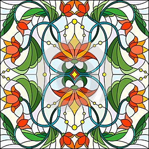 Stained glass illustration with abstract swirls,flowers and leaves on a light background