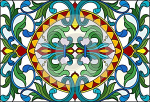 Stained glass illustration with abstract swirls,flowers and leaves on a light background,horizontal orientation