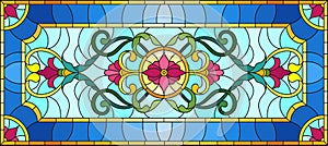 Stained glass illustration with abstract swirls,flowers and leaves on a light background,horizontal orientation