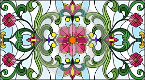 Stained glass illustration with abstract swirls,flowers and leaves on a light background,horizontal orientation