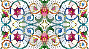 Stained glass illustration with abstract swirls,flowers and leaves on a light background,horizontal orientation