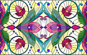 Stained glass illustration with abstract  swirls,flowers and leaves  on a light background,horizontal orientation