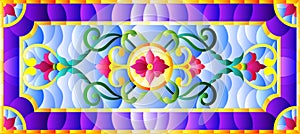 Stained glass illustration with abstract  swirls,flowers and leaves  on a light background,horizontal orientation