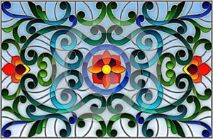 Stained glass illustration with abstract swirls,flowers and leaves on a light background,horizontal orientation