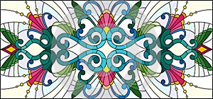 Stained glass illustration with abstract swirls,flowers and leaves on a light background,horizontal orientation