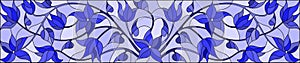 Stained glass illustration with abstract swirls,flowers and leaves on a light background,horizontal orientation,gamma blue