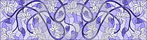 Stained glass illustration with abstract swirls,flowers and leaves on a light background,horizontal orientation,gamma blue