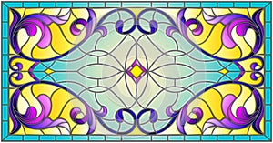 Stained glass illustration with abstract swirls,flowers and leaves on a light background,horizontal orientation