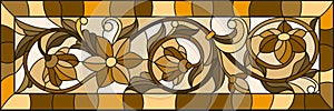 Stained glass illustration with abstract swirls ,flowers and leaves on a light background,horizontal orientation, sepia