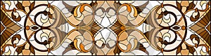 Stained glass illustration with abstract swirls ,flowers and leaves on a light background,horizontal orientation, sepia