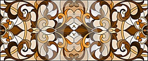 Stained glass illustration with abstract swirls, flowers and leaves on a light background,horizontal orientation, sepia