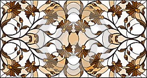 Stained glass illustration with abstract swirls, flowers and leaves on a light background,horizontal orientation, sepia