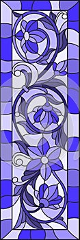 Stained glass illustration with abstract swirls,flowers and leaves on a light background,vertical orientation gamma blue