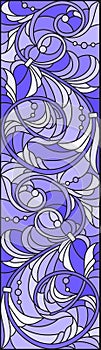 Stained glass illustration with abstract swirls,flowers and leaves on a light background,vertical orientation gamma blue