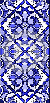 Stained glass illustration with abstract swirls,flowers and leaves on a light background,vertical orientation gamma blue