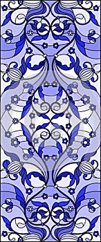 Stained glass illustration with abstract swirls,flowers and leaves on a light background,vertical orientation gamma blue