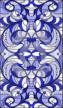 Stained glass illustration with abstract swirls,flowers and leaves on a light background,vertical orientation gamma blue