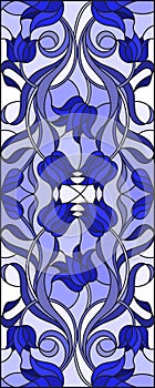 Stained glass illustration with abstract swirls,flowers and leaves on a light background,vertical orientation gamma blue