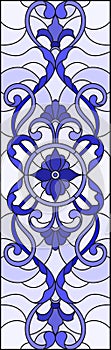 Stained glass illustration with abstract  swirls,flowers and leaves  on a light background,vertical orientation gamma blue