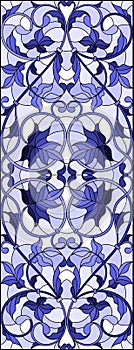 Stained glass illustration with abstract  swirls,flowers and leaves  on a light background,vertical orientation gamma blue