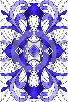 Stained glass illustration with abstract swirls, flowers and leaves on a light background, vertical orientation gamma blue