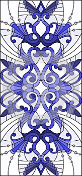 Stained glass illustration with abstract swirls,flowers and leaves on a light background,vertical orientation gamma blue