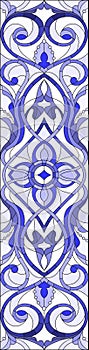 Stained glass illustration with abstract swirls,flowers and leaves on a light background,vertical orientation gamma blue
