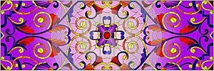 Stained glass illustration with abstract swirls,flowers and leaves on a purple background,horizontal orientation