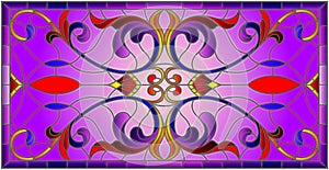 Stained glass illustration with abstract swirls,flowers and leaves on a purple background,horizontal orientation