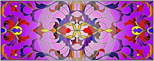 Stained glass illustration with abstract swirls,flowers and leaves on a purple background,horizontal orientation