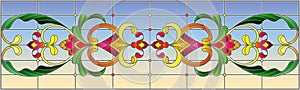 Stained glass illustration with abstract swirls,flowers and leaves on a sky background,horizontal orientation