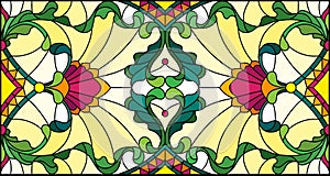 Stained glass illustration with abstract swirls,flowers and leaves on a yellow background,horizontal orientation