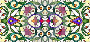 Stained glass illustration with abstract  swirls,flowers and leaves  on a yellow background,horizontal orientation