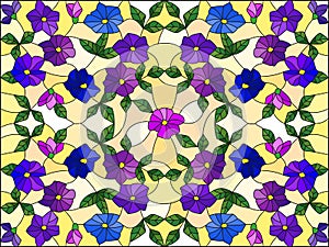 Stained glass illustration with abstract  swirls,flowers and leaves  on a yellow  background,horizontal orientation