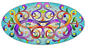 Stained glass illustration with  abstract  swirls,flowers and leaves  on a yellow background,horizontal orientation, oval image