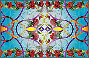 Stained glass illustration with abstract swirls,flowers of roses and leaves on a blue background,horizontal orientation