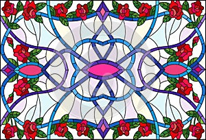 Stained glass illustration with abstract swirls,flowers of roses and leaves on a light background,horizontal orientation