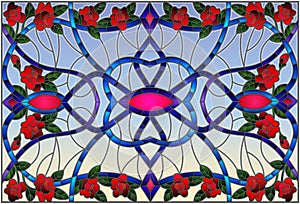 Stained glass illustration with abstract swirls,flowers of roses and leaves on a light background,horizontal orientation