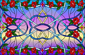 Stained glass illustration with  abstract  swirls,flowers of roses and leaves  on a sky background,horizontal orientation