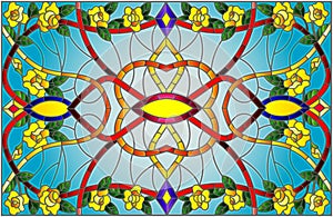 Stained glass illustration with abstract swirls,flowers of yellow roses and leaves on a blue background,horizontal orientation