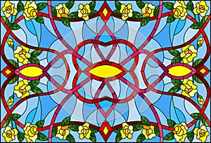 Stained glass illustration with abstract swirls,flowers of yellow roses and leaves on a blue background,horizontal orientation