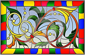 Stained glass illustration with abstract swirls and leaves on a blue background,horizontal orientation